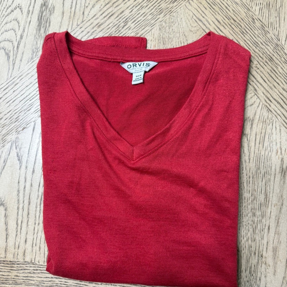 Orvis Womens Small‎ Red V-Neck T-Shirt Classic Collection Short Sleeve Top
